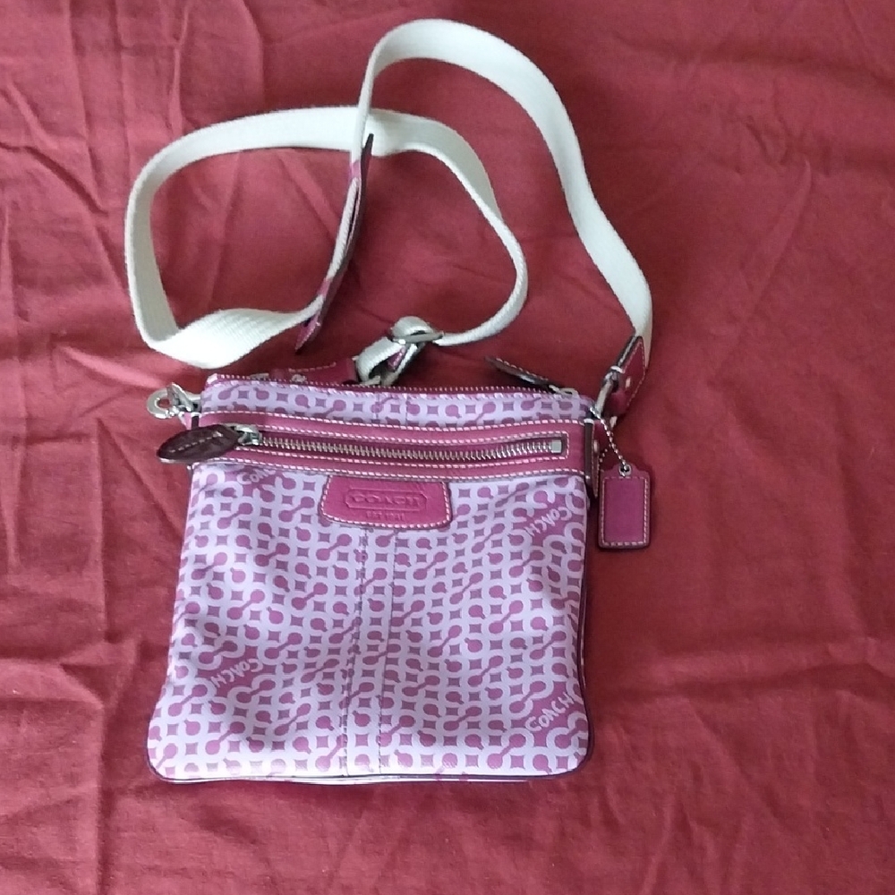 Coach Pink and White Crossbody Bag with Signature Pattern
